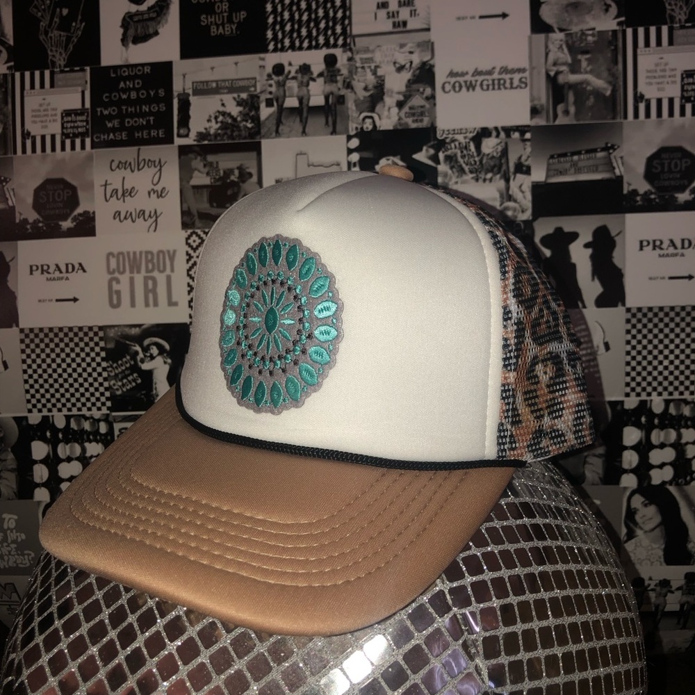 Leopard cheetah turquoise trucker hat ballcap